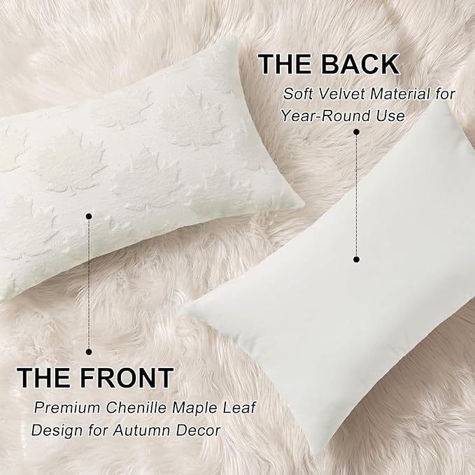 decorUhome Decorative Cream White Maple Leaf Thanksgiving Throw Pillow Covers 12x20 Set of 2, Soft Chenille Jacquard Farmhouse Textured Pillow Covers for Couch Sofa Autumn Harvest Halloween Holiday