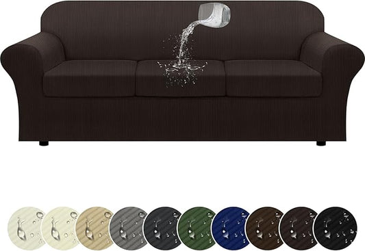 100% Waterproof Extra Large Couch Cover 4-Piece Set Striped Sofa Slipcovers for 3 Cushion Couch Covers with TPU Leakproof Bottom Stretch Protector Pet Proof - Sofa(3-Cushion), Coffee