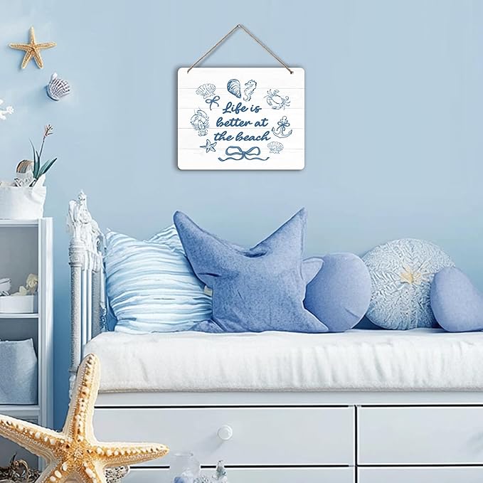 Udinaz Preppy Beach Hanging Sign, Coastal Beachy Wall Decor, Coquette Blue Bow Seashell Life Is Better at the Beach Hanging Wood Plaque Decor for Home Girls Bedroom Room Dorm Wall Door Decorations