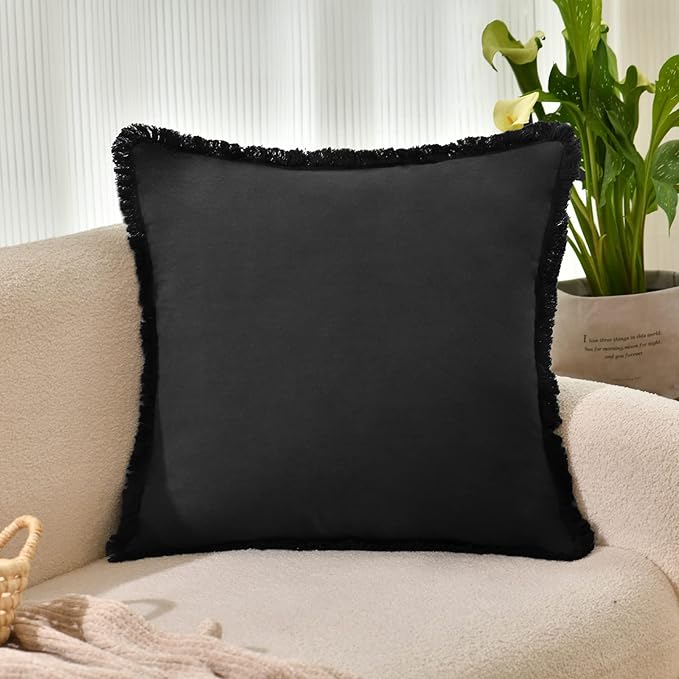 ZWJD Pillow Covers 20x20 Set of 2 Black Throw Pillow Covers with Fringe Chic Cotton Decorative Pillows Square Cushion Covers for Sofa Couch Bed Living Room Farmhouse Boho Decor