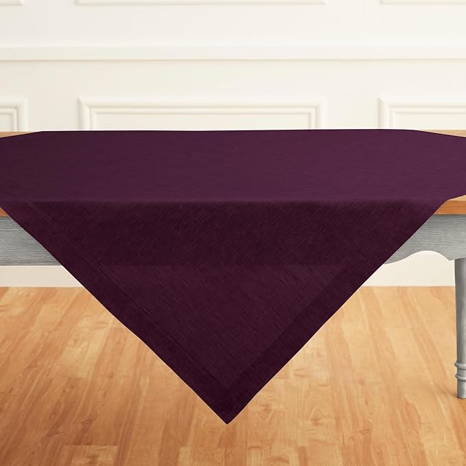 Solino Home Linen Tablecloth 52 x 52 Inch - 100% Pure Linen Square Table Throw - Athena, Machine Washable Chambray Burgundy Tablecloth for Fall, Autumn, Thanksgiving, Christmas, Holiday, Winter