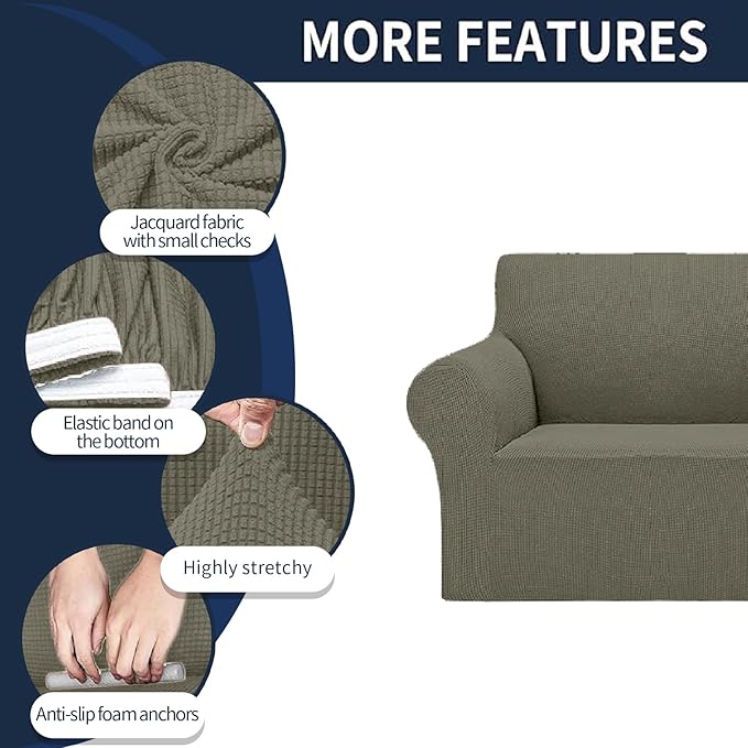 Cupuamon 2025 New Stretch Sofa Slipcovers Couch Cover for 3 Cushion Furniture Protector Sofa Covers with Elastic Bottom Jacquard Fabric Small Checks for Pets, Kids -Sofa, Khaki