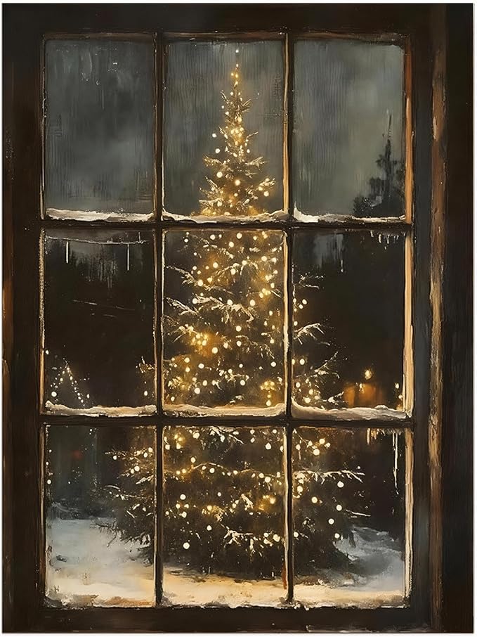 Rustic Christmas Windows and Trees Wall Art Prints,Xmas Holiday Oil Painting,Nostalgic Christmas Tree Print,Moody Winter Farmhouse Decor