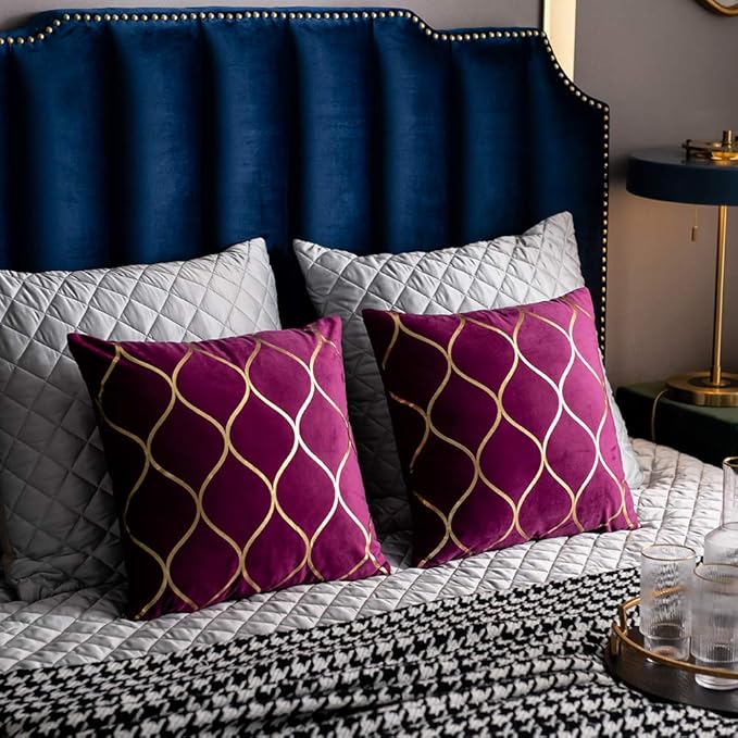 Gold Velvet Throw Pillow Covers Purple: 2 Pack 24x24 Inch Square Decorative Pillow Cases for Bedroom Sofa Couch Living Room