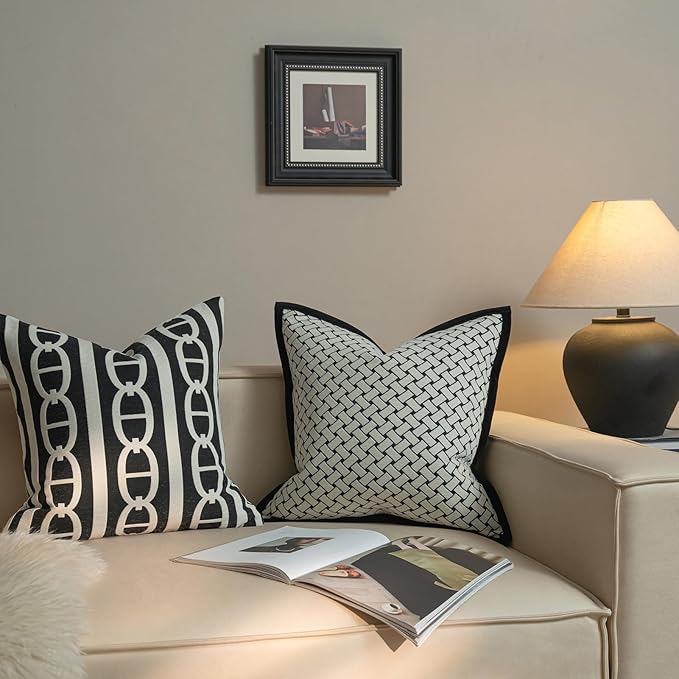 New 22x22'' inches Throw Pillow Cushion Covers - Woven Grid Black Chenille Jacquard Embroidery with Edge Strip Luxury Modern Style Couch Sofa Bed Pillow Cover for Living Room Bedroom