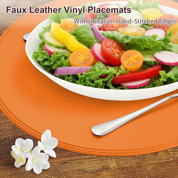 Round Vinyl Orange Placemats Set of 6, Faux Leather Waterproof Wipeable Heat Resistant Place Mats, Washable Table Mats for Halloween, Thanksgiving & Christmas Dinner(Orange)