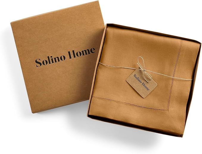 Solino Home Brown Sugar Linen Tablecloth 60 x 108 Inch - Classic Hemstitch, 100% Pure Linen Rectangular Tablecloth - Machine Washable Table Cloth for Fall, Autumn, Thanksgiving