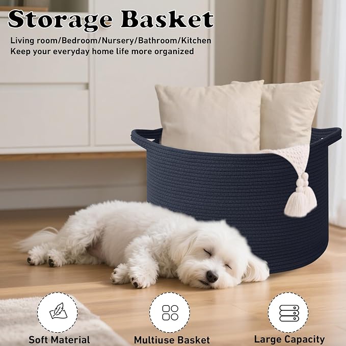 Large Blanket Basket for Organizing,115L Closet Organizers and Storage Bins Box for Shelves Woven Rope Storage Baskets,Living Room,Bedroom,Dorm,Laundry room (Dark Blue)