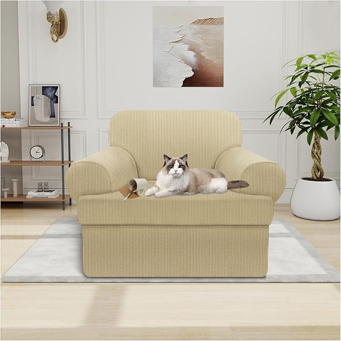 Waterproof Chair Cover with Arms 2-Piece Set Striped Slipcover for 1 Separate T Cushion Couch - TPU Fabric Armchair Covers Leakproof Couch Protector for Kids, Pets(Chair, Camel)