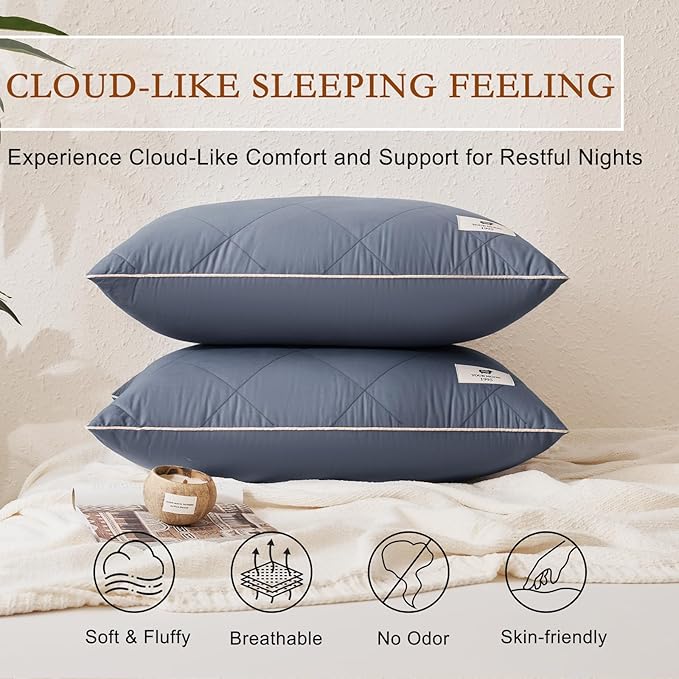 YOUR MOON Organic Wool Pillow Queen Size Set of 2, Soft Support Bed Pillows for Sleeping, Natural Wool & Down Alternative Filling, Luxury Hotel Quality Pillows,100% Cotton Cover (Gray)
