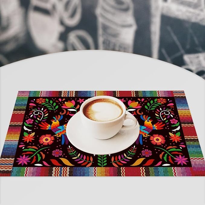 Mexican Cinco De Mayo Placemat Set of 6, 12x18 Inch Colorful Mexico Fiesta Talavera Floral Birds Dia De Los Muertos Day Vintage Coffee Table Mats for Outdoor Kitchen Dining Table Decoration