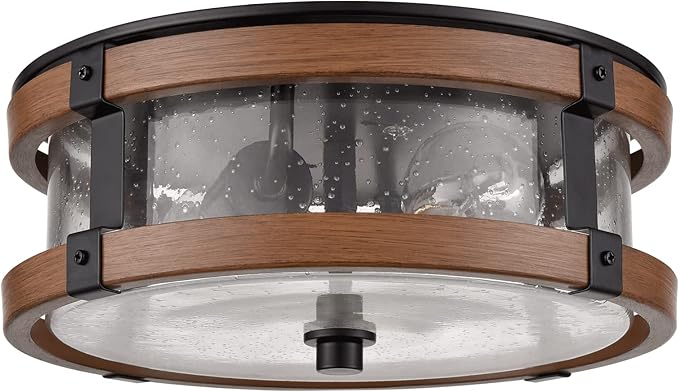 Farmhouse Ceiling Light Fixture 2-Light Hallway Ceiling Light in Black & Rustic Wood Grain Finish with Clear Seeded Glass Shade