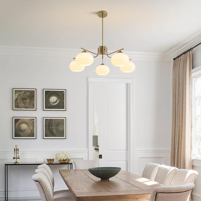 KCO Lighting 5-Light Globe Flush Mount Sputnik Chandelier Modern Brass Gold Pendant Lighting Fixture Milk Glass Ball Kitchen Island Chandelier Dining Room Light Fixture
