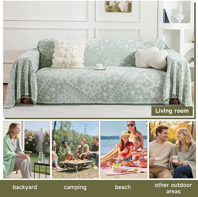ROOMLIFE Green Sofa Cover, Vintage Boho Couch Cover for 3 Cushion Sofa, Soft Breathable Sofa Cover for Dog, Washable Furniture Sofa Protector Cover Blanket with Tassel for Living Room, 71 '' X 134''