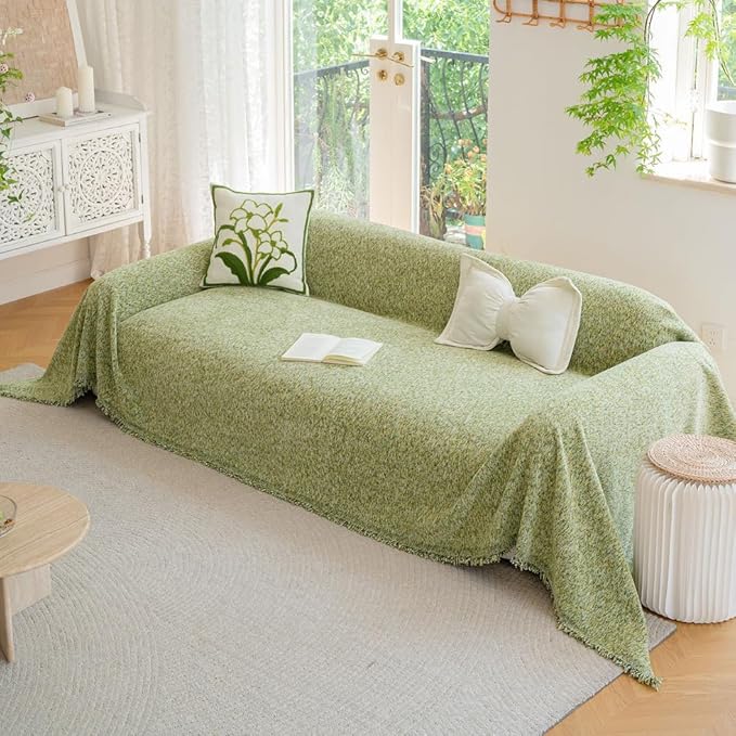 ROOMLIFE Green Sofa Cover,Couch Cover for Dogs Washable, Soft Chenille 3 Cushion Couch Covers for Sofa, Furniture Sofa Protector Loveseat Sectional Couch Throw Blankets with Tassels 71 '' X 134''