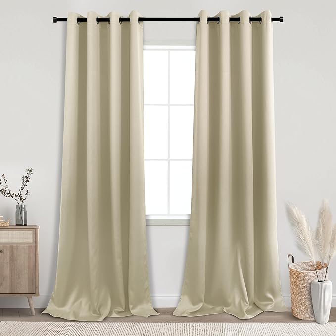 KOUFALL Beige Blackout Curtains 2 Panels,Black Out Room Darkening Grommet Bobo Eclectic Curtains for Living Room with Rings,52x102 Inches Long