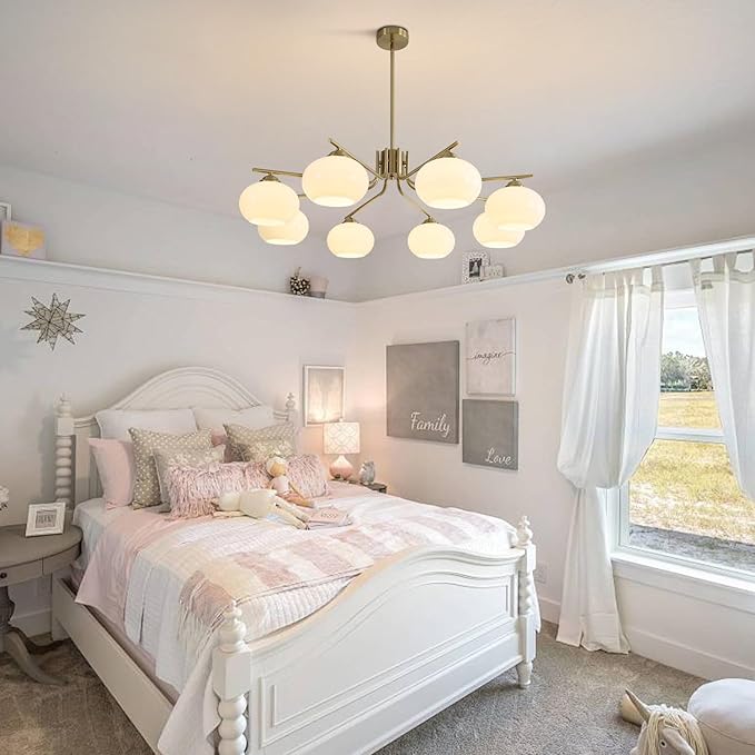 KCO Lighting 8-Lights White Glass Globe Sputnik Chandelier Mid Century Modern Gold Semi Flush Mount Ceiling Light Sputnik Chandeliers Milk Glass Ball Chandelier Kitchen Island