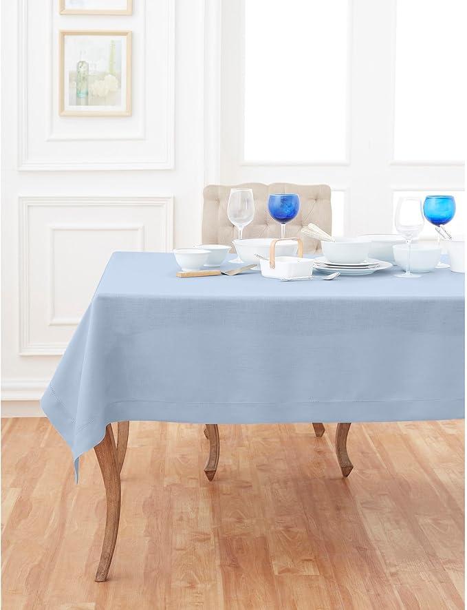 Solino Home Linen Tablecloth for Rectangle Tables 60 x 132 Inch - Classic Hemstitch 100% Pure Linen Sky Blue Table Cloth - Machine Washable Cloth Tablecloth for Christmas