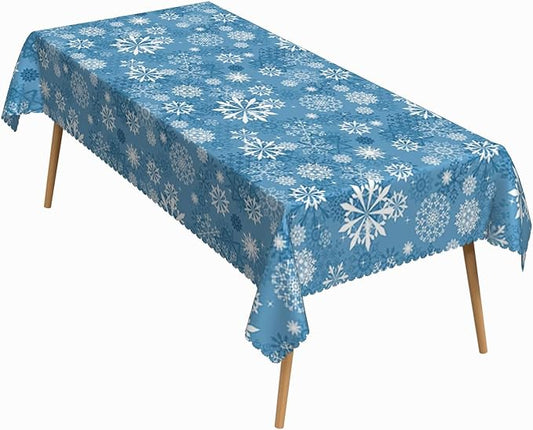 54x108 Inch Christmas Theme Rectangle Tablecloth Winter Snowflakes Blue White Table Cloth Washable Durable Table Cover for Kitchen Dining Home Banquet Xmas Party Decor