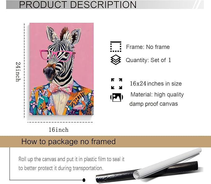 Eeuqiauot Zebra Canvas Wall Art Trendy Pink Poster Zebra with Glasses Wall Art Funny Animal Painting Retro Pink Poster Animal Fashion Picthre for Bedroom 16x24inch Unframed