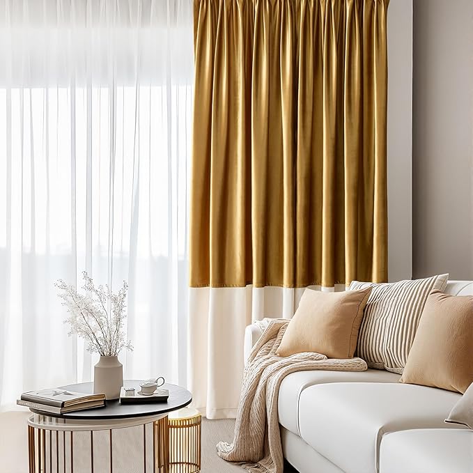 Velvet Curtains 90 inches Long for Living Room Gold Cream Ivory,2 Panels Blackout Curtains Modern Color Block Back Tab Rod Pocket Soundproof Drapes for Bedroom Window Decor