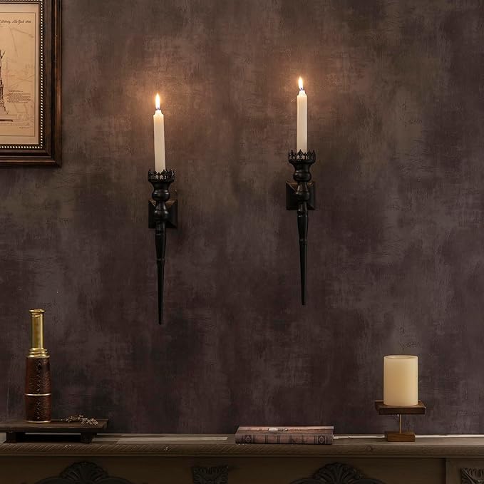 Gothic Wall Sconce Candle Holder for Taper Candles (Set of 2) Black Iron Crown and Scepter Design Victorian Wall Decor for Living Room, Bathroom,Dining Room