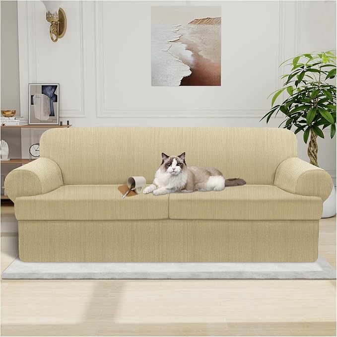 Waterproof Couch Cover 3-Piece Set Striped Sofa Slipcovers for 2 Separate T Cushion Couch - TPU Fabric Sofa Covers Leakproof Couch Protector for Kids, Pets(2 Cushion Sofa, Camel)