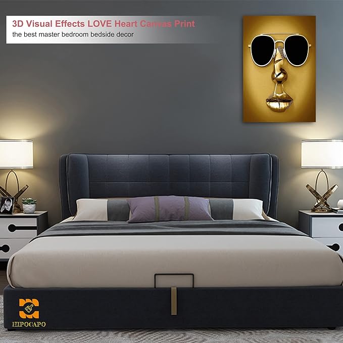 3D Metal Effect Wall Art - 3D Wall Art Decor Artwork Wear Sunglasses Golden Figure Statue Modern Art Canvas Painting, Large Wall Art for Bedroom Dercorations Framed 24”x36”x1Pcs