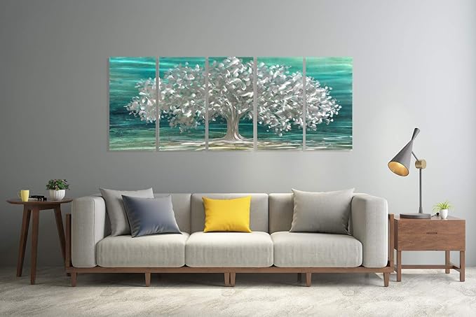 RICHSPACE ARTS Metal Tree Wall Art over Sofa or Bed Large Size Aluminum Artwork Spring Pictures Teal and Gray Decor Contemporary Living Room Bedroom Artwork Set of 5 panels for Walls