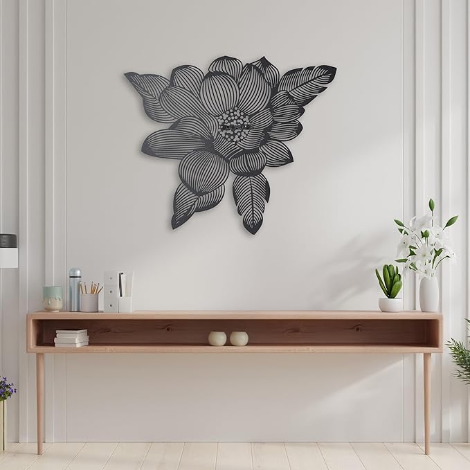 NEODECO 3D Flower Metal Wall Art, Floral Line Art, Minimalist home decor (Black, Large)