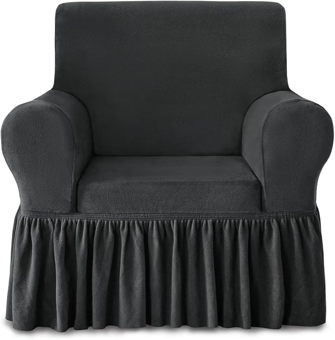 NICEEC Armchair Cover Thick Plush 1-Piece Warm Grey Armchair Slipcover Stretch Fluffy Couch Covers for Living Room Easy Fit Washable Soft Furniture Sofa Protector with Skirt