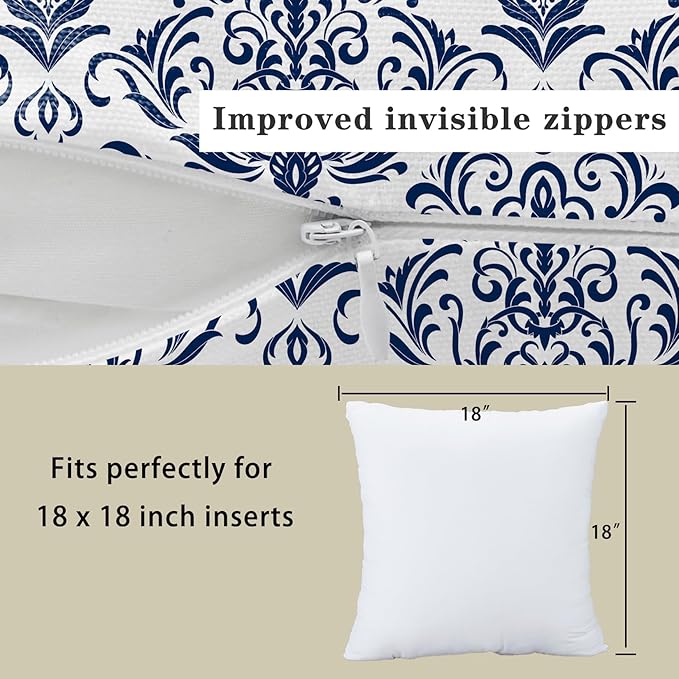 LOVOUS Navy Blue and White Damask Throw Pillow Covers 18x18 Inch Set of 2, Vintage Linen Decorative Pillow Covers for Bed Couch Sofa Bedroom Living Room Home Decor, B13