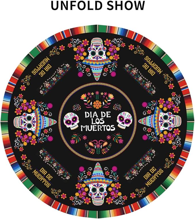 Mexican Round Tablecloth, Traditional Colorful Skull Floral Dia De Los Muertos Azulejo Mosaic Mexico Water Resisitant Table Cover for Dining Kitchen Living Room Home Party Holiday Decor 36 inch Round