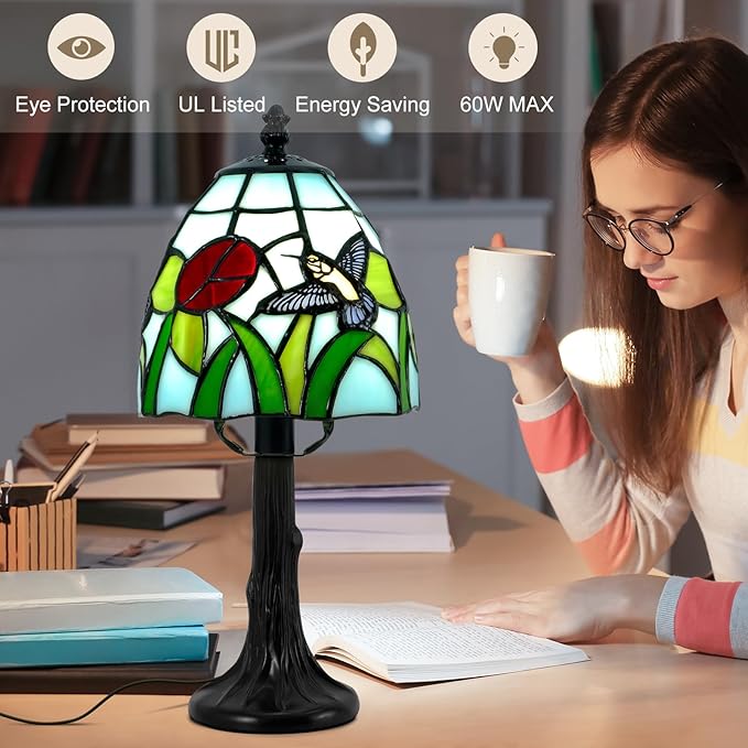 Tiffany Style Table Lamp - 6 Inch Stained Glass Table Lamps with Hummingbird & Flower, Vintage Tiffany Style Bedside Lamp, Small Desk Light with LED Bulb for Home Decor Ideal Gifts for Family Friends