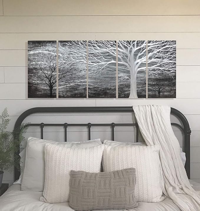RICHSPACE ARTS Black Metal Wall Art Tree Decor Large Hanging Sculpture 3d Forest Artwork with Metal Texture for Living Room Set of 5 panels(32W*64L)