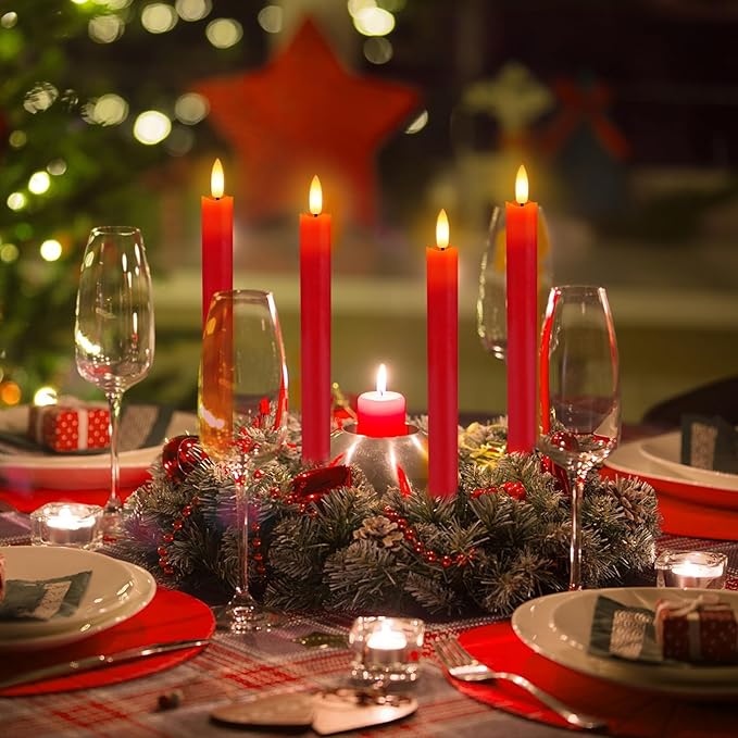HINZER 6 Pcs Flameless Taper Candles with Remote & Timer 9.6 inch Real Wax Battery Operated LED Warm 3D Wick Flickering Window Candles for Halloween Christmas Wedding Decor, Red