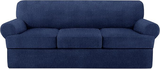 T Cushion Sofa Slipcover 4 Pieces Sofa Covers for T Cushion Couch Soft Sofa Slip Covers Furniture Protector with 3 Individual T Shape Seat Covers (Navy, 3 Cushions)