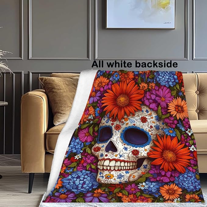 Sugar Skull Throw Blanket, Gift for Women and Men, Day of Dead Theme, Lightweight Fleece for Halloween Home Decor, Couch and Chair, 60x80 Inches