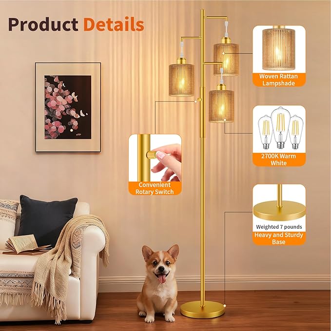 Hotsonic 72" Tall Boho Floor Lamp, Dimmable Standing Lamp with Handcrafted Rattan Brown Shade, Industrial Tree Floor Lamps for Living Room, Bedroom, Study Room, Office(3x800LM LED Bulbs Included)-Gold