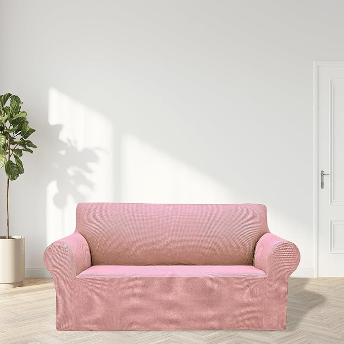 Cupuamon 2025 New Stretch Loveseat Sofa Slipcovers Couch Cover for 2 Cushion Furniture Protector Sofa Covers with Elastic Bottom Jacquard Fabric Small Checks for Pets, Kids - Dusty Pink
