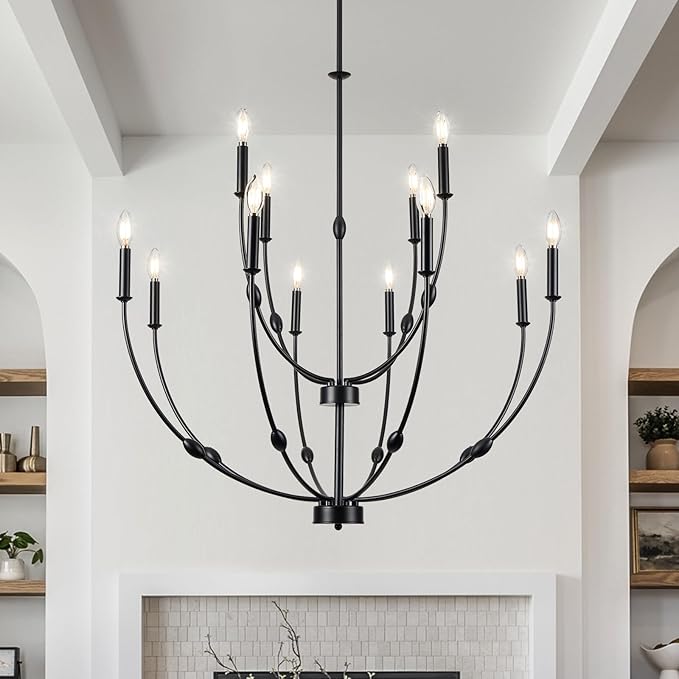 12-Lights Black Farmhouse Chandelier for Living Room, 35 Inch 2-Tiers Large Chandeliers for High Ceilings, Modern Rustic Candle Chandelier for Foyer Entryway