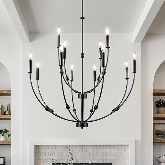 12-Lights Black Farmhouse Chandelier for Living Room, 35 Inch 2-Tiers Large Chandeliers for High Ceilings, Modern Rustic Candle Chandelier for Foyer Entryway