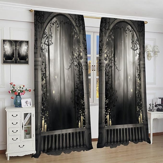 Gothic Moon Blackout Curtains, Vintage Mid Century Gothic Castle Watercolor Rustic Old Architecture Window Drapes, for Living Room Bedroom 21(W)*54(L) 2 Panels