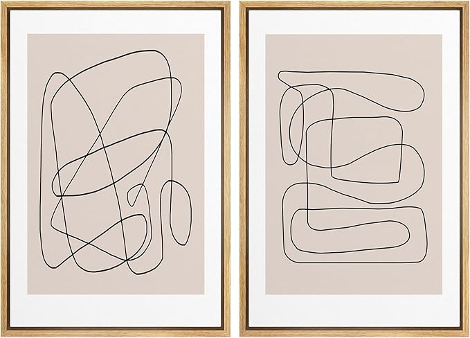 SIGNWIN Framed Wall Art Print Set Line Art Thin Lines Over Plain Tan Background Abstract Swirly Digital Art Modern Art Mid-Century Modern Expressive for Living Room, Bedroom, Office - 24"x36"x2 Panels