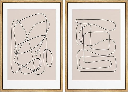 SIGNWIN Framed Wall Art Print Set Line Art Thin Lines Over Plain Tan Background Abstract Swirly Digital Art Modern Art Mid-Century Modern Expressive for Living Room, Bedroom, Office - 24"x36"x2 Panels