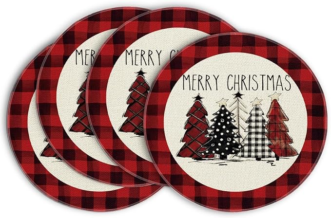 Artoid Mode Watercolor Red and Black Buffalo Plaid Christmas Trees Merry Xmas Round Placemats Set of 4, 14 Inch Winter Round Table Mats for Dining Decoration