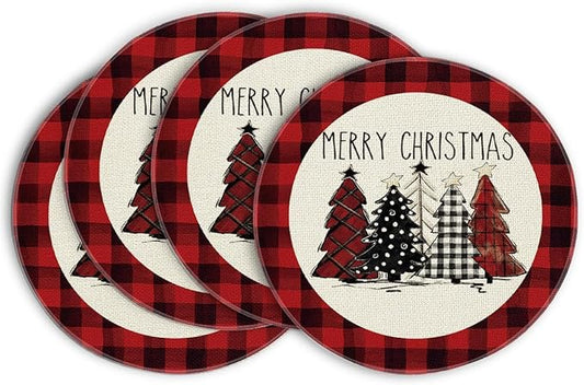 Artoid Mode Watercolor Red and Black Buffalo Plaid Christmas Trees Merry Xmas Round Placemats Set of 4, 14 Inch Winter Round Table Mats for Dining Decoration