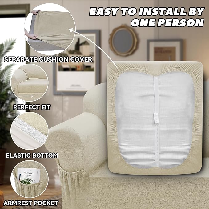 Sofa Slipcover with Armrest Pockets 4-Piece Set, Stretch Faux Leather Couch Cover for 3-Cushion Couches(Fits 72-92") - Non-Slip, Machine Washable, Pet & Kid Friendly - Beige