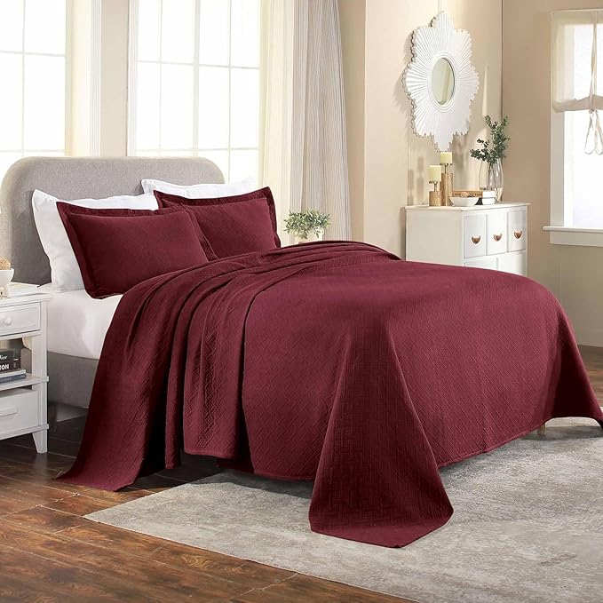 Superior 100% Cotton Basket Weave Bedspread with Shams, All-Season Premium Cotton Matelasse Jacquard Bedding, Quilted-Look Geometric Basket, King, Garnet