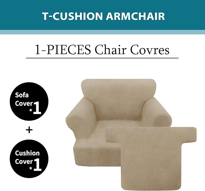 2 Pieces T Cushion Chair Covers with Arms Super Stretch Chair Slipcover for Living Room Pet Dog Universal Slip Cover Anti Slip Armchair Furniture Protector (Island Fossi, 1 Cushion)